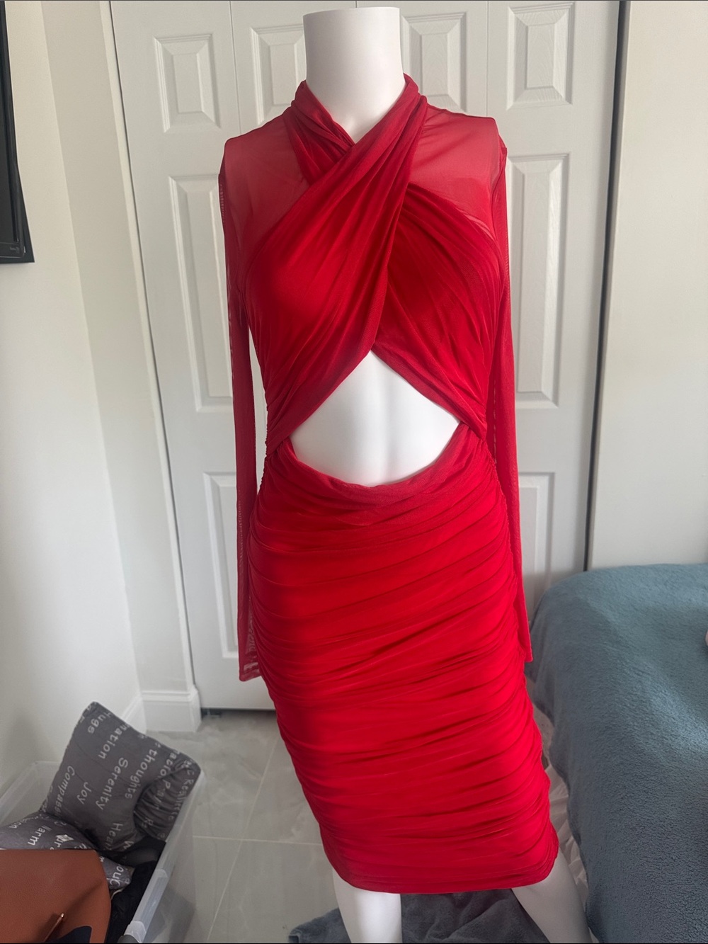 Venus Red Cutout Bodycon Dress with sheer long sleeves - Picture 2 of 3